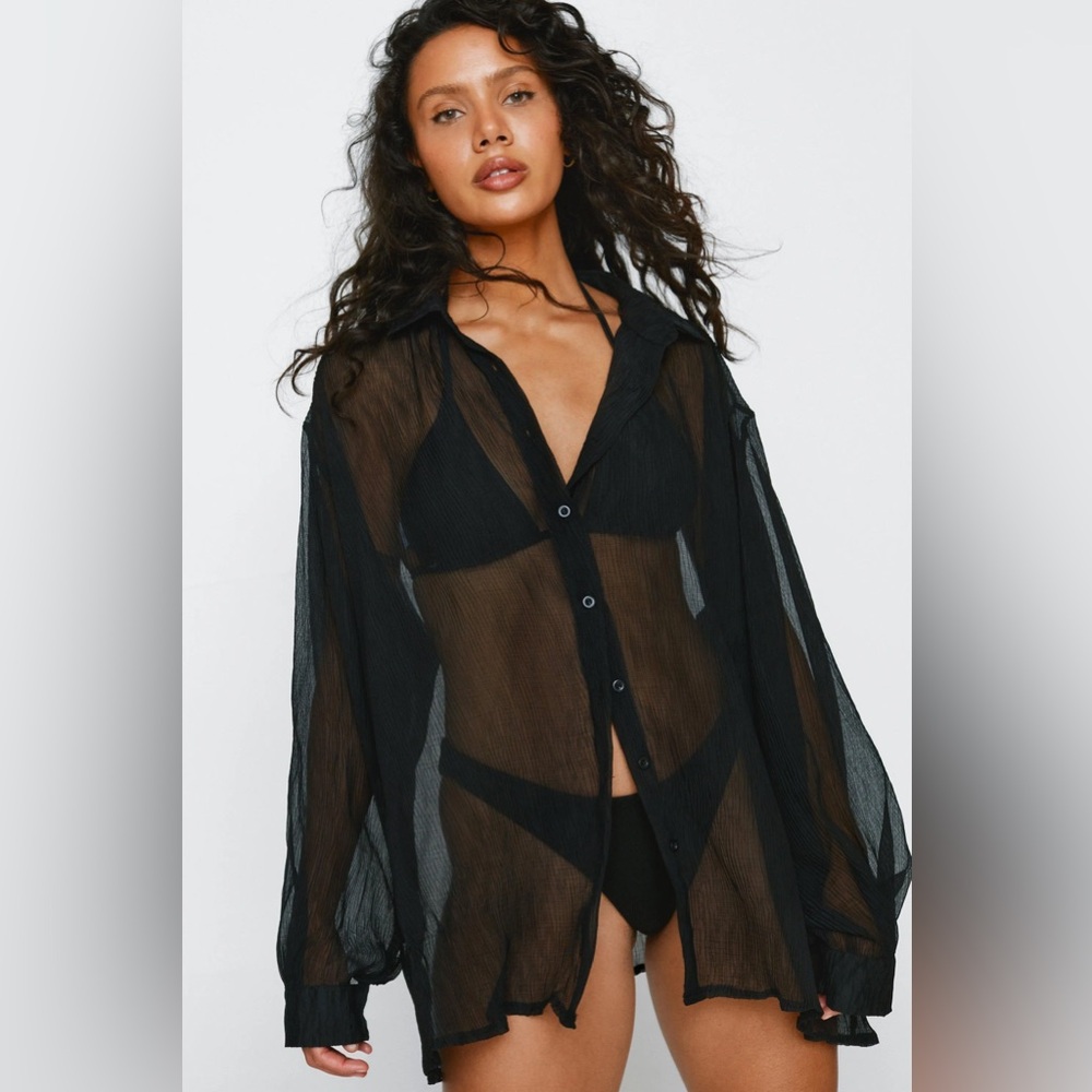 NASTYGAL PLISSE OVERSIZED BEACH SHIRT - Picture 2 of 7